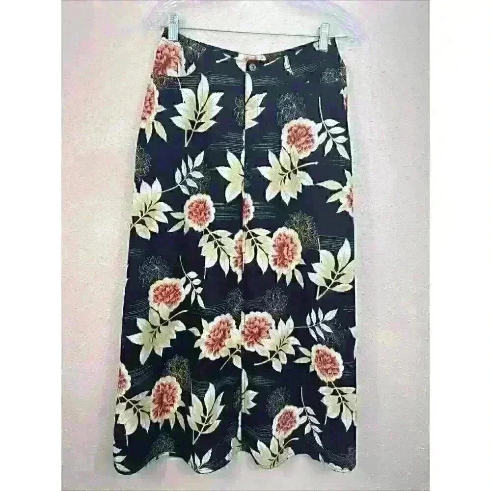 🔥Liz Claiborne Womens Floral Linen Blend Boho Sumer Skirt Button Midi Size 4 AC1